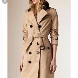 Burberry honey trench coat with black lace collar